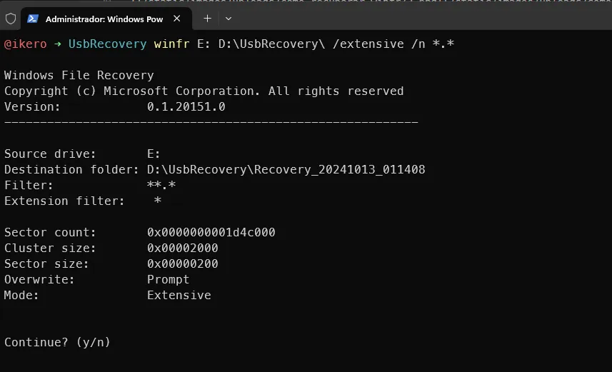Ejecución de Windows File Recovery